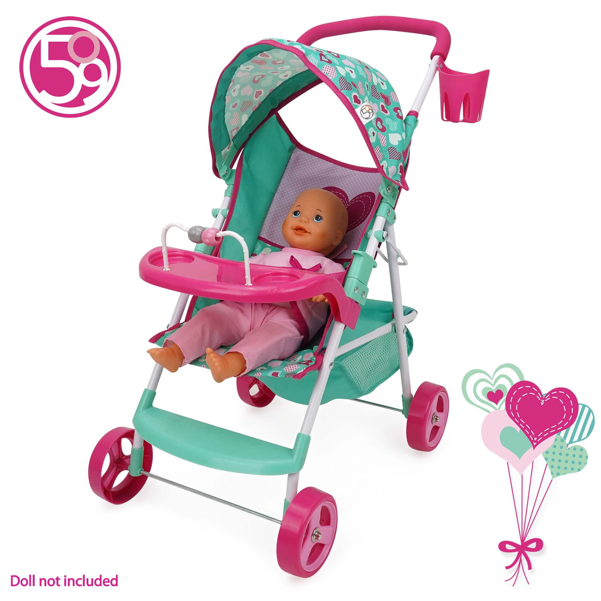 509 Crew: Mint Heart - Sarah Doll Stroller - Hot Pink & Green, Cup Holder, Tray Play, Storage Basket, Folding Accessory, Pretend Play Toy, Kids 3+