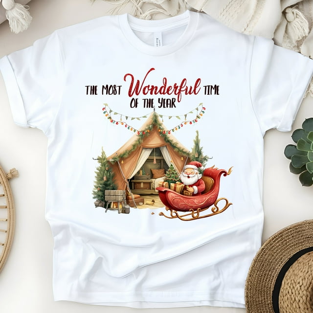 The Most Wonderful Time Shirt | Santa Camping Tent Holiday Graphic Tee, White, Size XL