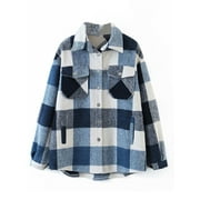 Womens Plaid Flannel Shirt Jacket Button Down Long Sleeve Wool Shacket Coat