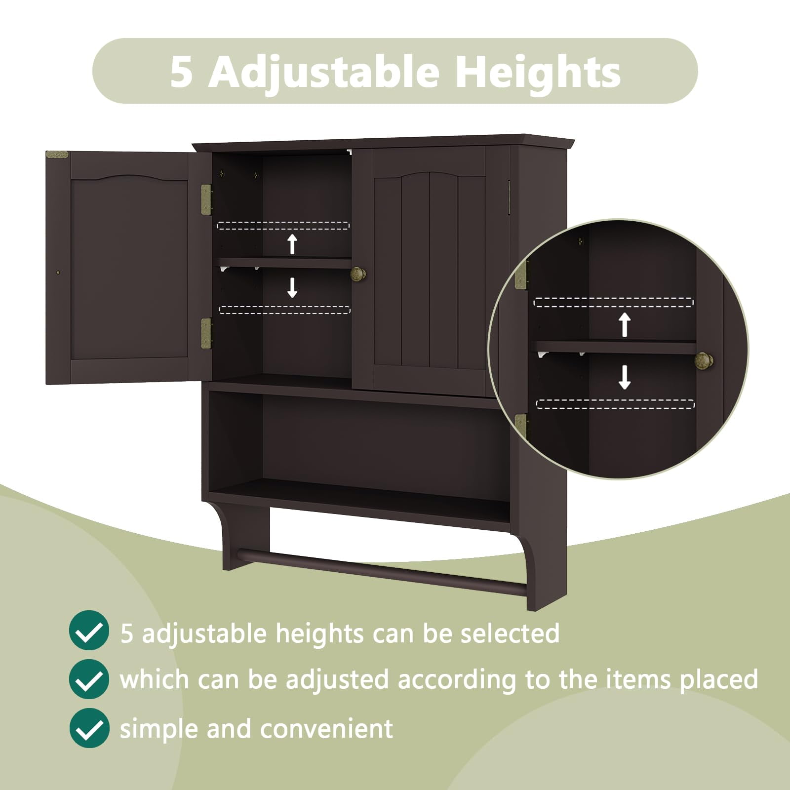 Smuxee Bathroom Storage Cabinets with Doors and Shelves,Towel Bar,over The Toilet Storage,Brown Big