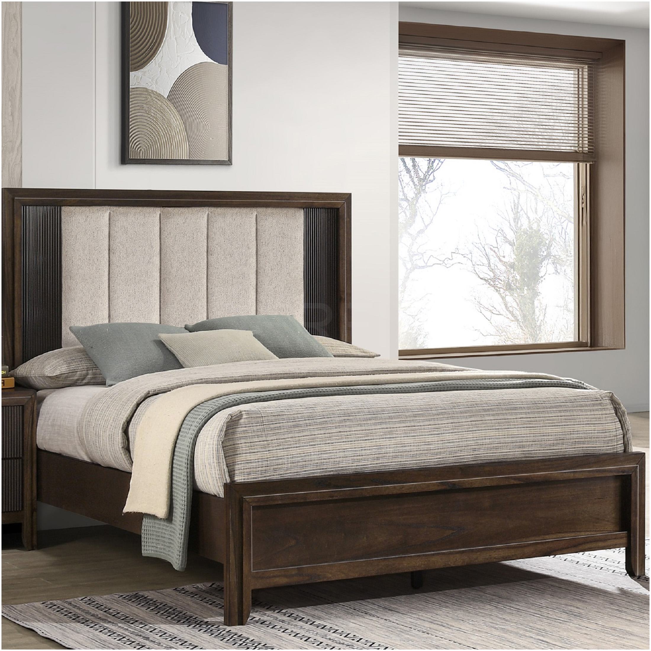 JERFIT King Size Upholstered Bed Frame with Headboard, Rustic Brown Wood Panel Platform Bed, No Box Spring Needed, Modern Farmhouse Bedroom Furniture