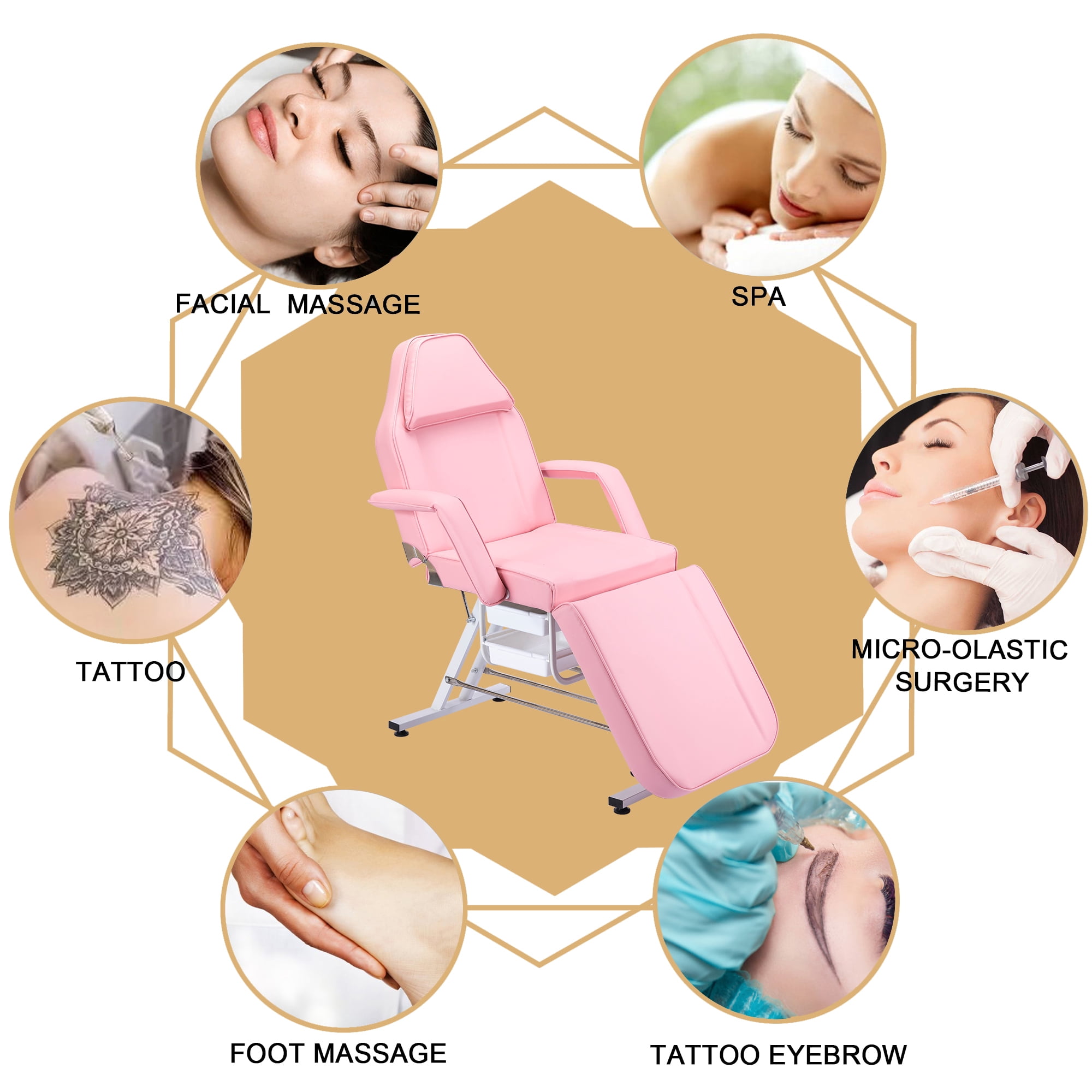 Thanaddo Tattoo Chair Massage Salon with Two Trays， Esthetician Bed with Hydraulic Stool,Multi-Purpose 3-Section Facial Bed Table, Adjustable Beauty Barber Spa Beauty Equipment Pink