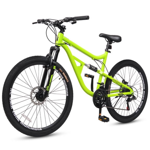 Hykolity Mountain Bike 26 Inch, 21 Speed MTB for Adult Men Women, Full Suspension, Aluminum Frame, Dual Disc Brakes Outdoor Cycling Bicycle, Lime Green