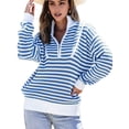 thumbnail image 3 of Women Striped Half Zip Long Sleeve Ribbed Knit Pullover Comfy Casual Light-Weight Tops Fall Fashion Blue L, 3 of 10