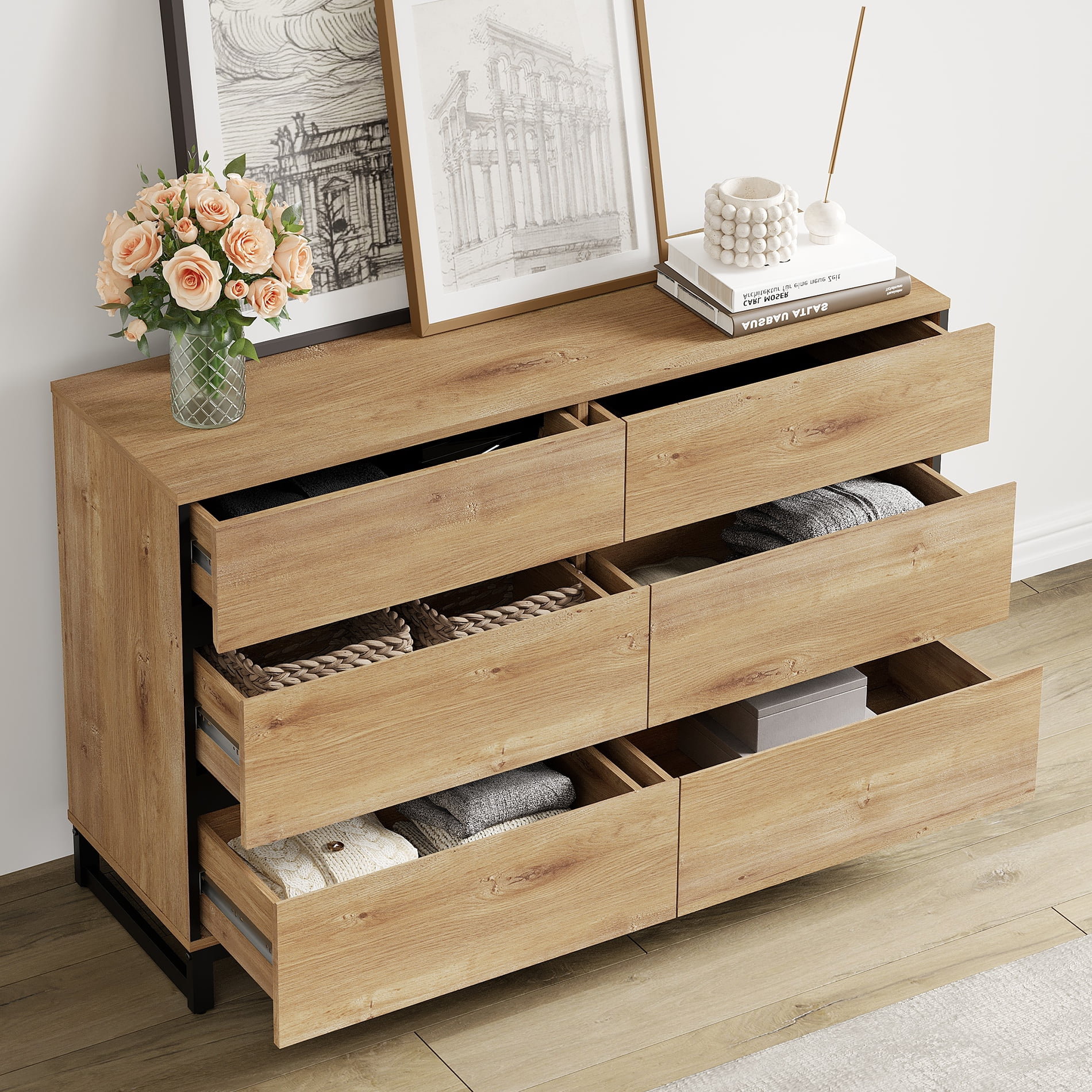 WAMPAT Modern 5-Piece Bedroom Furniture Set, 142 Inch Dresser with 18 Drawers & 2 Nightstands with Drawer and Cabinet Design, Oak