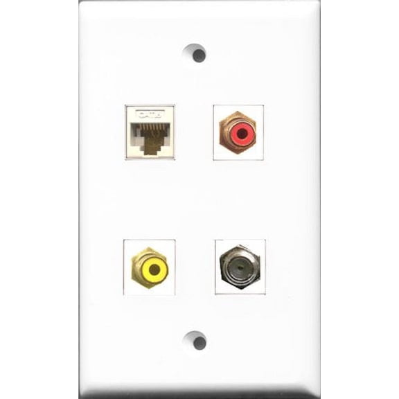 RiteAV 1 Port RCA Red and 1 Port RCA Yellow and 1 Port Coax Cable TV- F-Type and 1 Port Cat6 Ethernet White Wall Plate