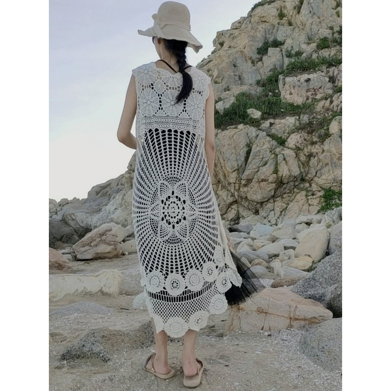 Feinuhan Women s Crochet Long Vest Boho Sleeveless Kimono Dress Swimwear Cover up Beige One Size