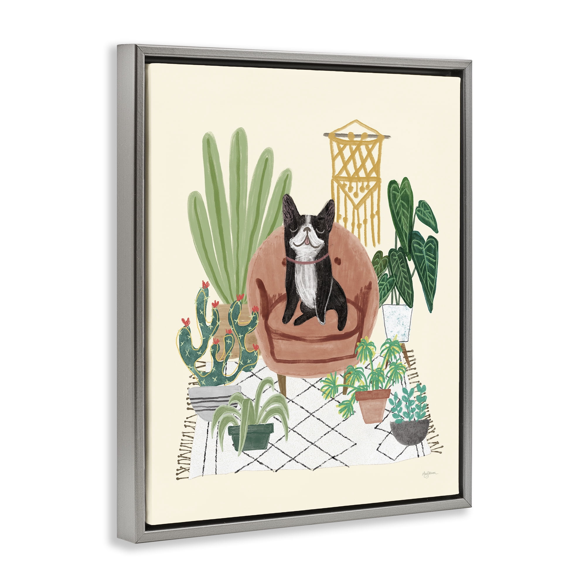 Stupell Industries Dog on Sofa with Plants Animals & Insects Painting Gray Floater Framed Canvas Art Print Wall Art, 17 x 21