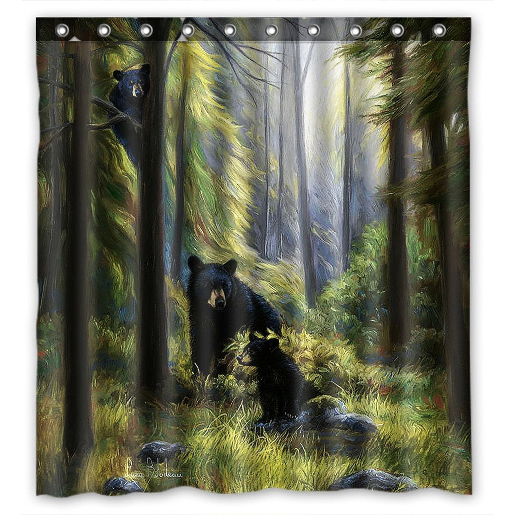 Forest Decor Brown Bears Waterfalls at Sunrise Bathroom Shower Curtain 71 Inch 
