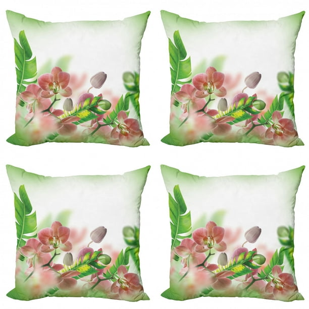 Tropical Throw Pillow Cushion Case Pack Of 4 Tropical Orchids Branch Stem Petal Leaf Bud Spring Blooming Flowers Print Modern Accent Double Sided Print 4 Sizes Peach And Green By Ambesonne Walmart Com