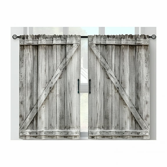 ACDANC Wooden Barn Door Kitchen Curtains-Country Wood Farmhouse Rustic Farm Retro Western Cafe Short Tier Curtains Decor for Living Room Rod Pocket Window Drapes 36 Inch Length 2 Panels 28"X36"