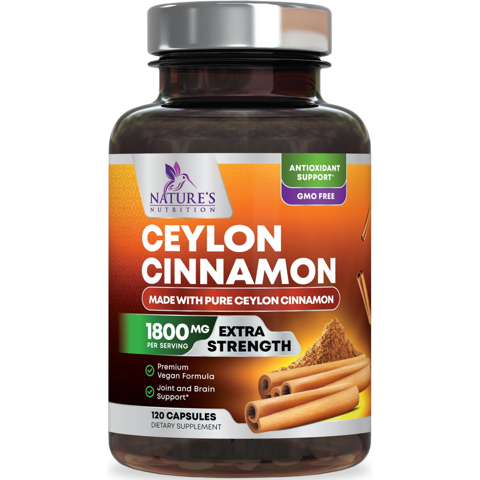Organic Ceylon Cinnamon Capsules 1800mg - Extra Strength Certified Organic Ceylon Cinnamon Supplement - Energy & Heart Support Antioxidant Pill for Women & Men, Bottled USA - 120 Capsules
