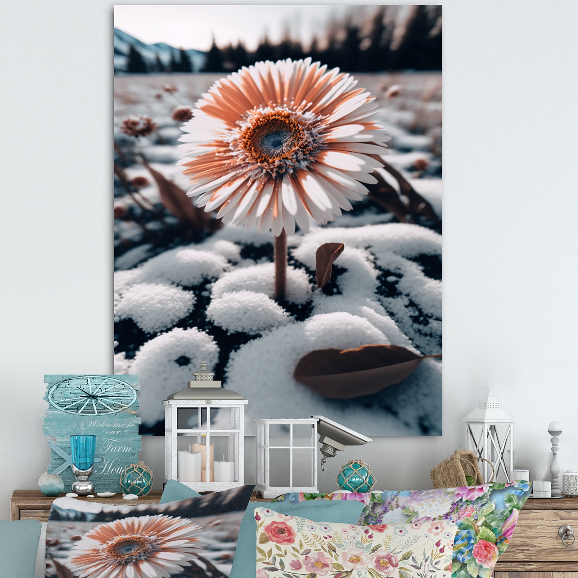 Designart A Blooming White Gerbera Flower In Winter Canvas Wall Art