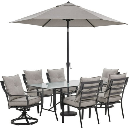 Hanover Lavallette 7-Piece Modern Outdoor Dining Set with Umbrella | 6 Cushioned Swivel Rocker Chairs | 66 x 38 Glass-Top Table | Weather Resistant Frame | Silver |LAVDN7PCSW-SLV-SU