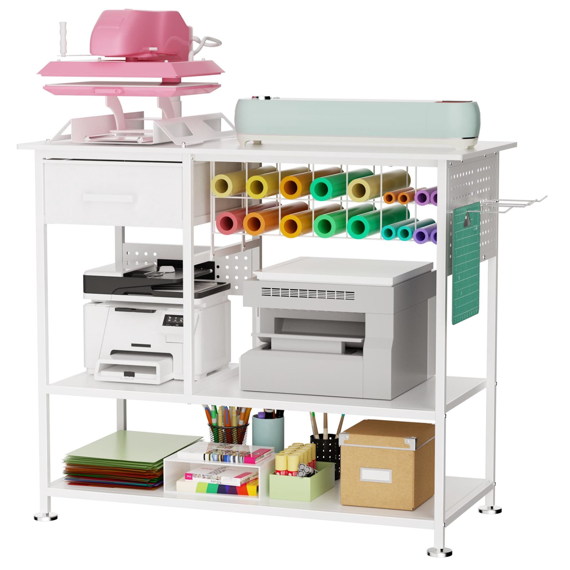 Noble House Large Rolling Heat Press Stand Desk, Metal Workbench with Vinyl Storage, Drawer & Charging Station, White