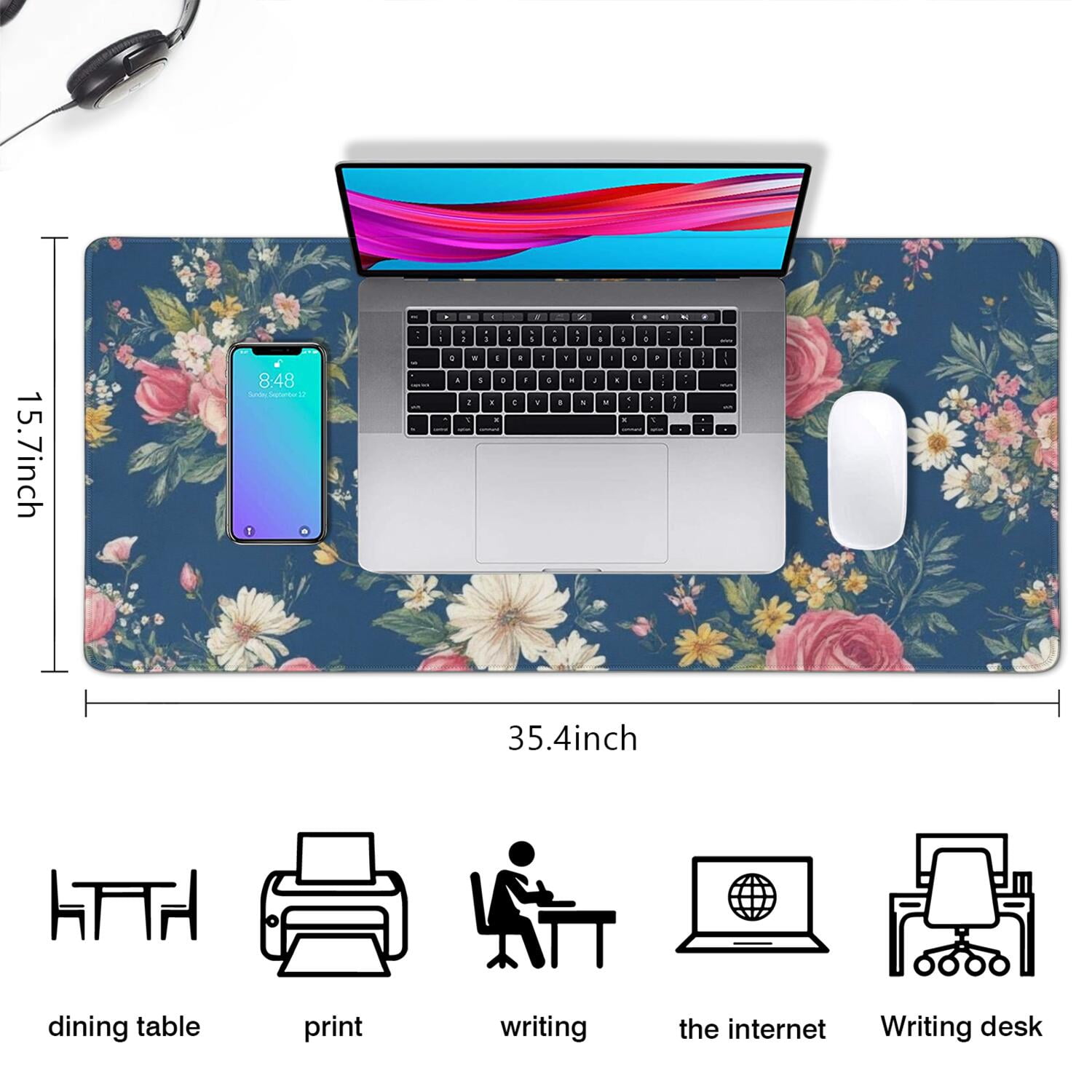 Long Mouse Pads for Desk,Pioneer Flower Floral Print Pattern Desk Mats on Top Of Desks, Desk Mouse Pad Extra Large with 3mm Non-Slip Base and Stitched Edge for Gaming,Office,Work,Home 35.4"x15.7"
