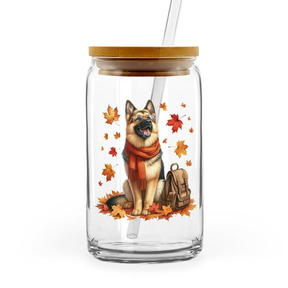 Welcome Fall German Shepherd Enjoys School Time Autumn Fall Leaves 16oz Glass Cup Mug Alsatian Dog Lover Gifts Glass Can with Bamboo Lid and Straw - 02013
