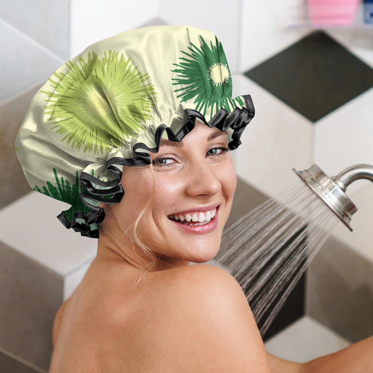 Shower Caps,Green Yellow Dandelion Pattern Waterproof Shower Cap for Women 4 Pieces,Double Reusable Hair Cover for Shower PEVA Elastic Stretch Hem