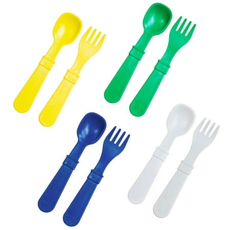 Re-Play Made in The USA 8pk Utensils for Baby, Toddler, and Child Feeding in Navy Blue, Yellow, Kelly Green, White | Made from Eco Friendly Heavyweight Recycled Milk Jugs | Nautical