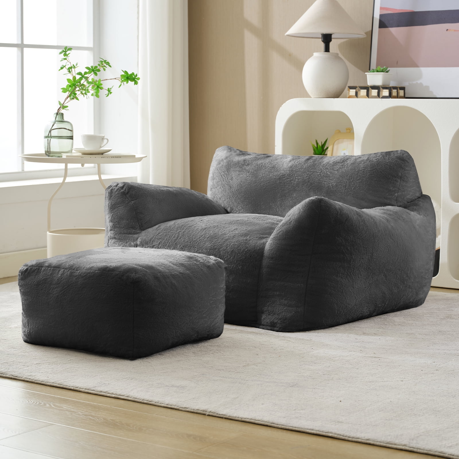 Puremind Bean Bag Chair for Kids and Adults, Oversized Bean Bag Couch with Ottoman, Faux Fur Lazy Sofa Chair for Living Room/Apartment/Bedroom, Light Gray