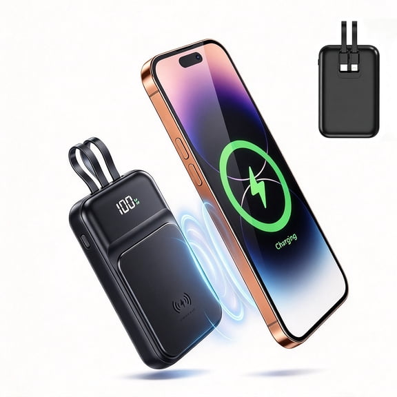 Hotpom 10000mAh Magnetic Power Bank, 20W PD Fast Charging Wireless Portable Charger with 2 Built in Cables and LED Digital Display, Compatible with iPhone, Android & Samsung, Black