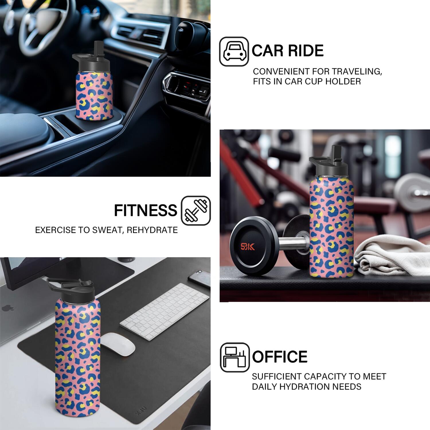 Leopard Print Insulated Stainless Steel Water Bottle with Straw & Cleaning Brush – 18 Oz | Leakproof, BPA-Free, 304 Stainless Steel, Wide Mouth, Travel Mug for Car, Gym, Office