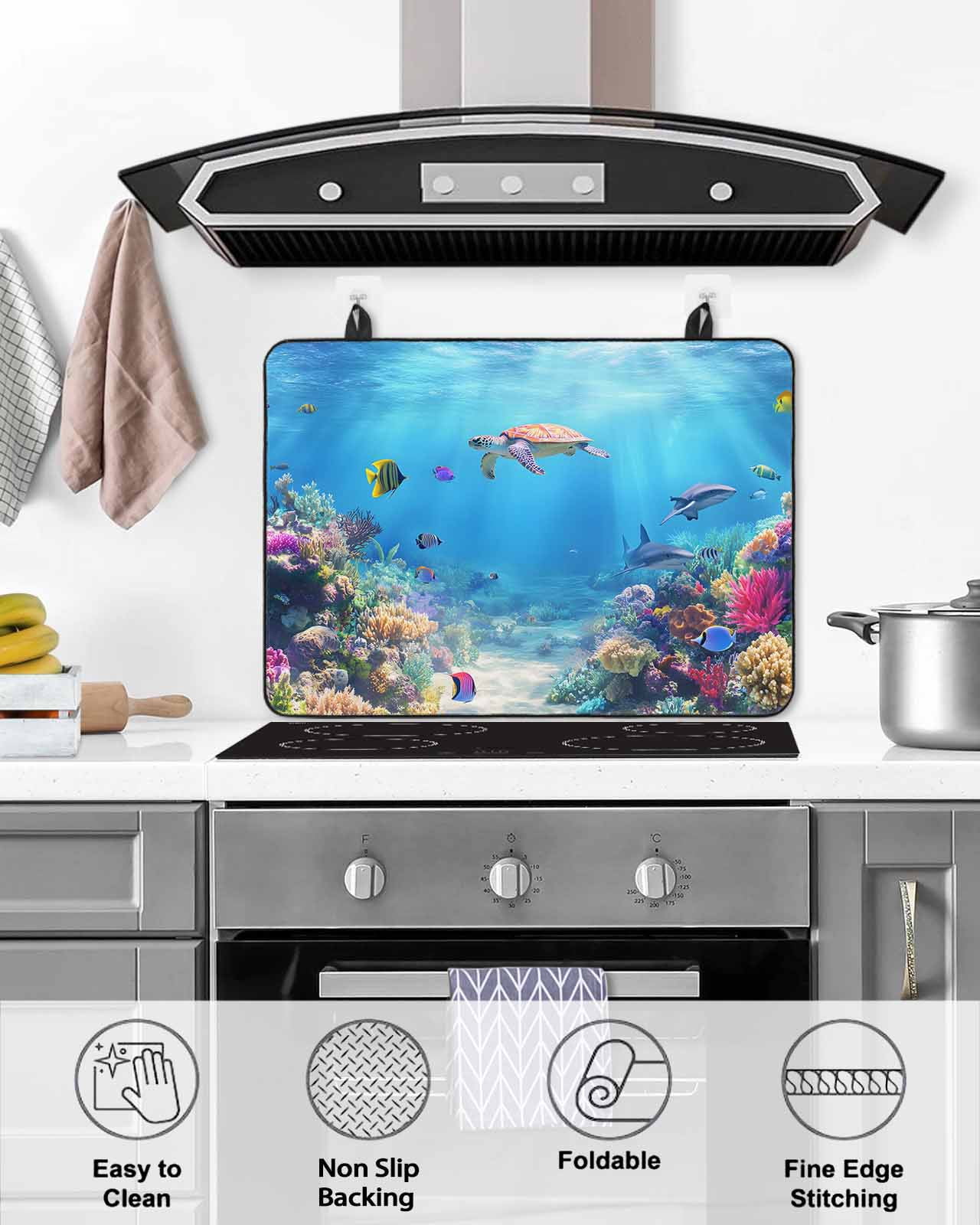 nqOlkjepod Large Induction Cooktop Protector Mat 24"x21", Ocean Turtle Stove Top Covers for Electric Stove, Blue Beach Summer Dolphin Whale Coral Fish Stove Burner Cover Mats, Glass Top Stove Cover