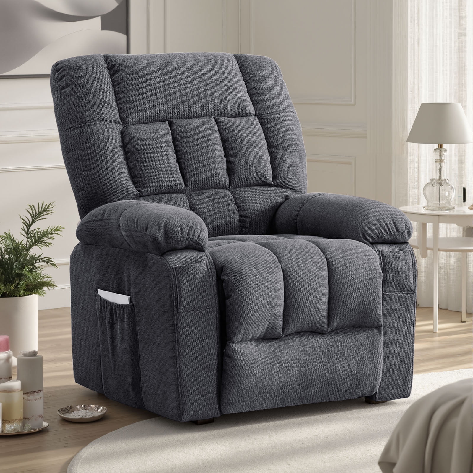 edx Power Lift Recliner Chair, Recliner for Elderly with Massage and Heating, with Remote Control, Cup Holder, Side Pocket, Grey