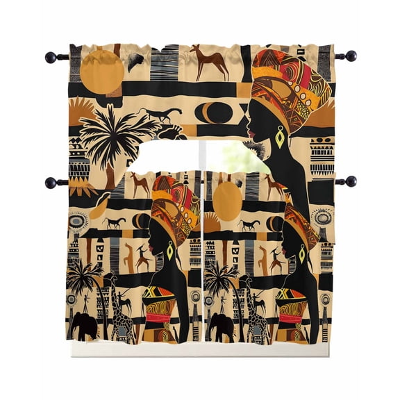 Boho Swag Kitchen Curtains Sets for Windows 24 Inch Length, Ethnic Nation Black Women Animals Palm Tree Short Window Curtain Panels Swags Valances and Tiers 3 Piece Set for Cafe/Dining Room