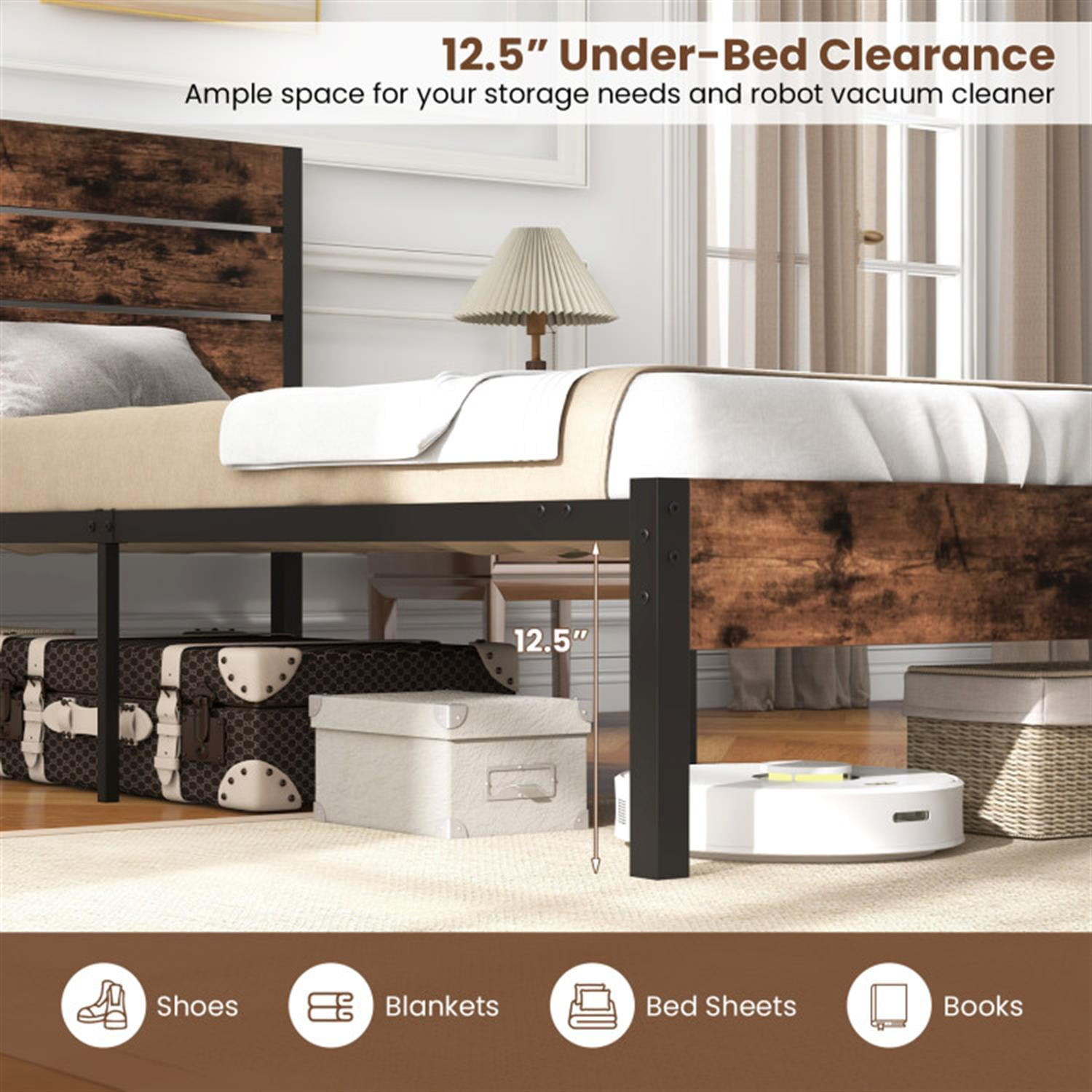 Demi Bonn Twin Size Bed Frame with High Headboard and Mute Bar, Industrial Metal Platform Bed Frame with Under Bed Storage, No Box Spring Needed, Brown