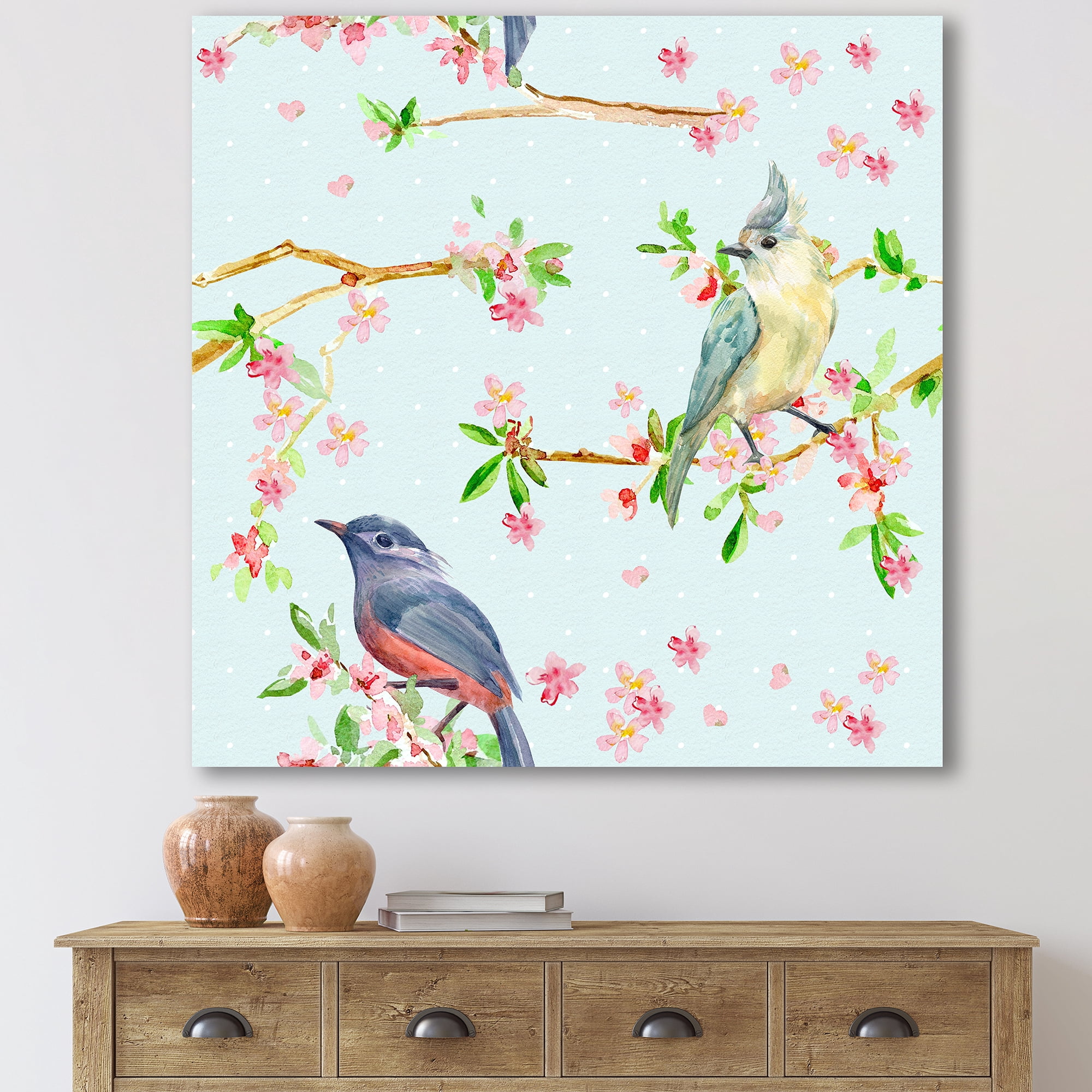 Designart ' Birds and Flowers Pattern In Blue ' Traditional Canvas Wall Art Print