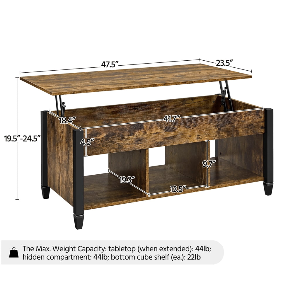 Alden Design 47.5" Lift Top Coffee Table with 3 Storage Compartments, Rustic Brown