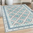 thumbnail image 1 of Geometric Decorative Rug, Ethnic Rustic Zigzagged Squares Folkloric Forms and Shapes Modern Influences, Quality Carpet for Bedroom Dorm and Living Room, 6 Sizes, Sea Blue Salmon, by Ambesonne, 1 of 4