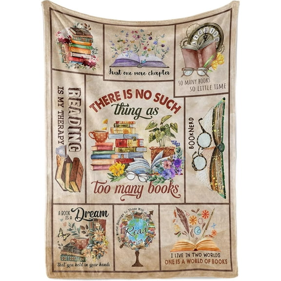 Book Lovers Throw Blanket - Flannel Blankets for Book Clubs, Librarians and Readers - Literary Lover Gifts for Birthday, Thanksgiving, Christmas - 50" x 65" - Beige