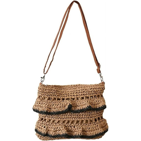 Kukuzhu Straw Crossbody Bag for Women Summer Beach Purse Handmade Woven Shoulder Bag Straw Clutch Bag with Ruffled Edge