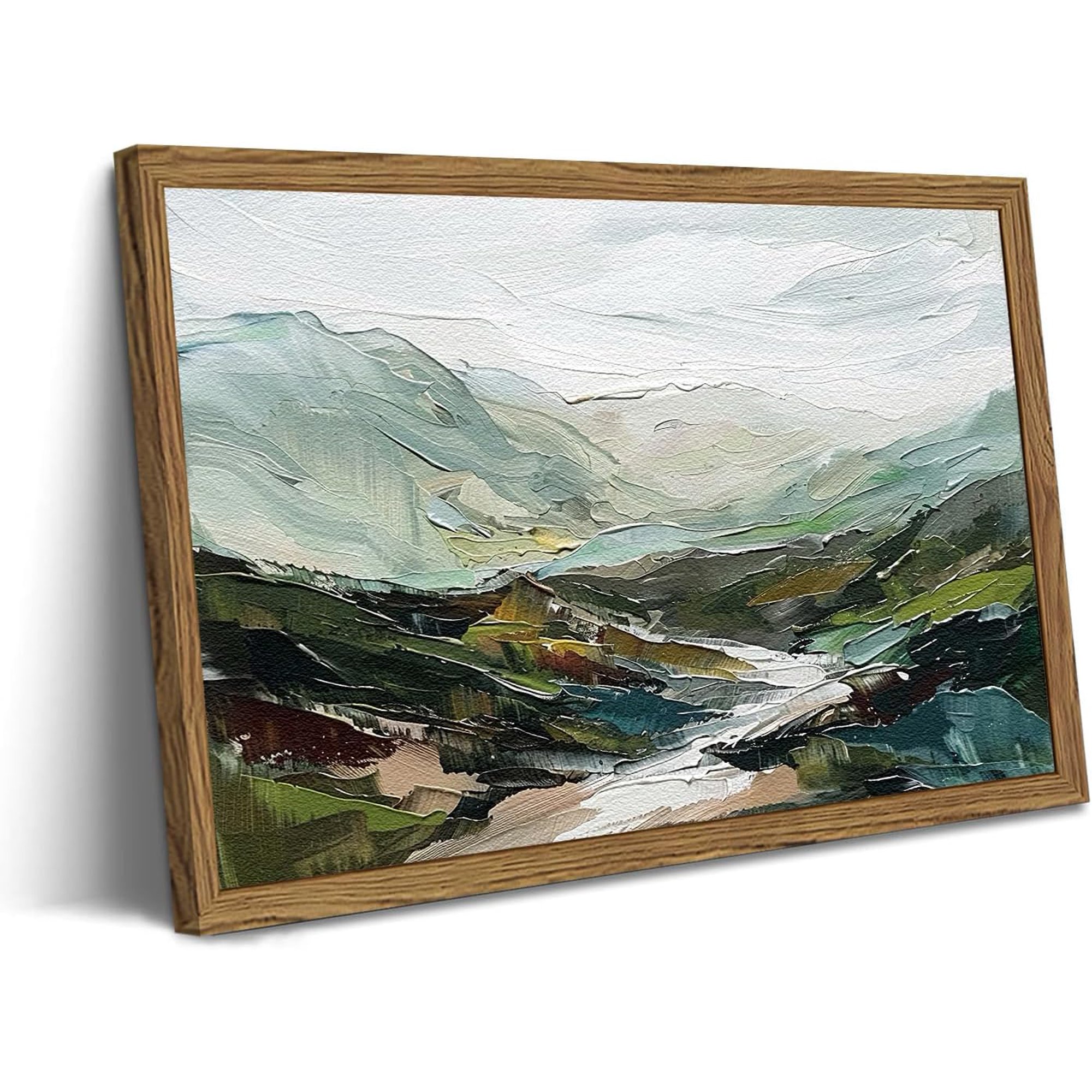 Framed Vintage Landscape Wall Art Green Mountain River Pictures Wall Decor Hand Drawn Sandstone Nature Paintings Prints Rustic Home Decor Aesthetic for Living Room Bedroom Office 16x24 inch