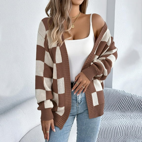 Checkered Jackets for Women, Plaid Color Block Long Sleeve Knit Cardigan Sweater Open Front Button Loose Outerwear New Oversized Cardigans for Women Fall Coffee M