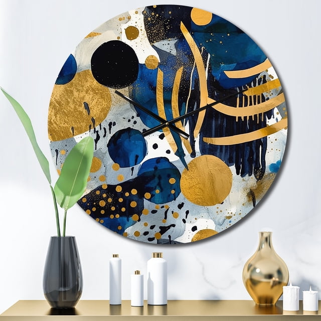 Designart "Abstract Pattern with Blue and Golden Textures XIX" Modern Geometric Oversized Wall Clock