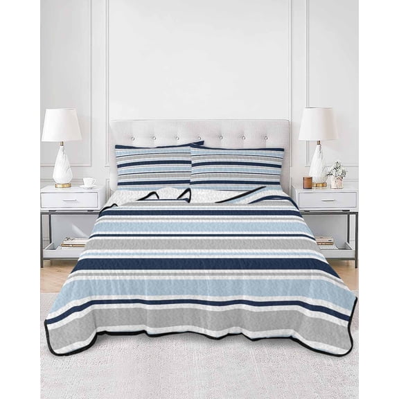 Quilts King Size, Navy Blue Gray Striped Soft Comforter Bedding Set for Bed, Farmhouse Stripes Modern Abstract Art Lightweight Quilted Bedspread with Pillow Cover(2 Pieces), 96x106 Inch