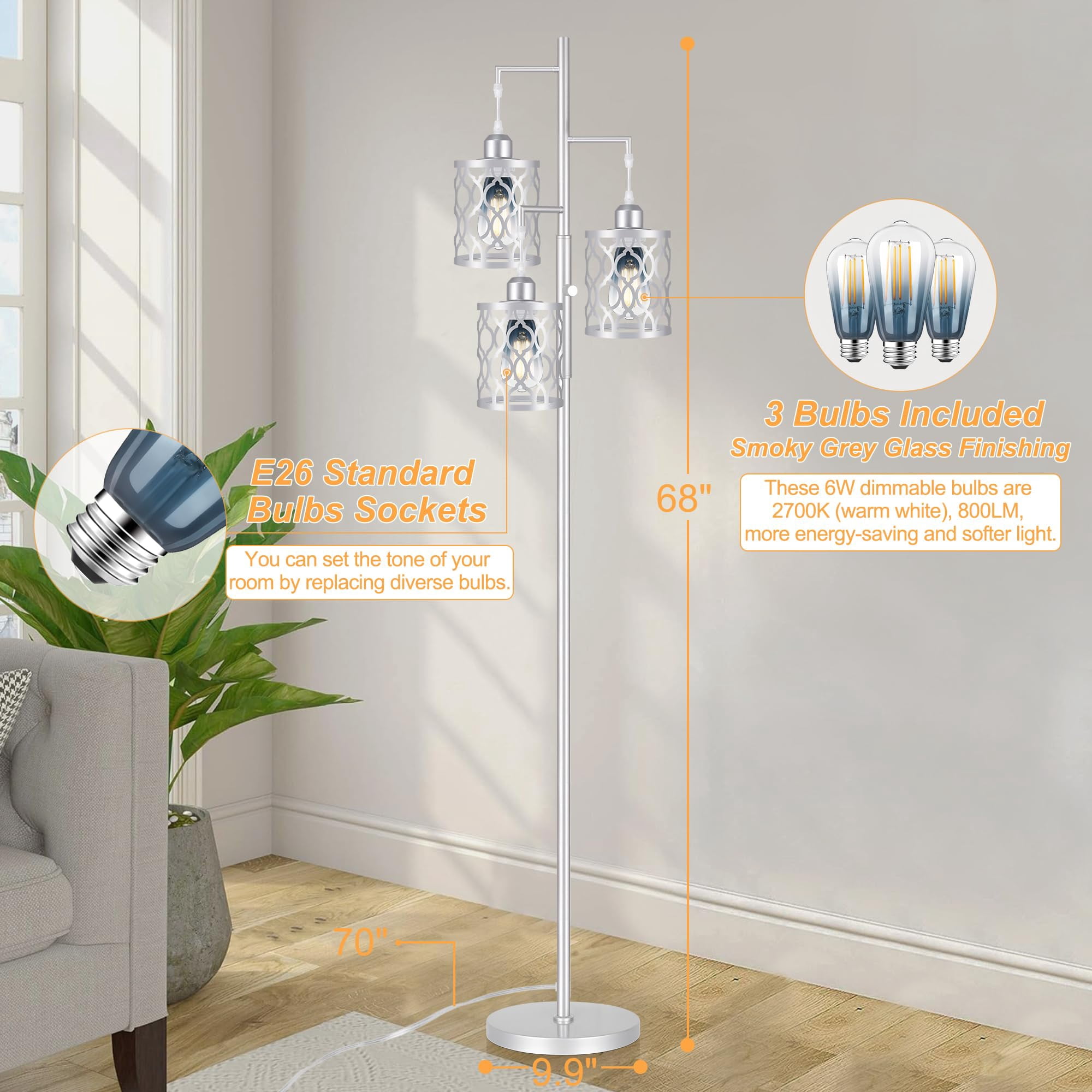 68" Farmhouse Floor Lamp  Dimmable Industrial Lamps For Living Room 3 Light Rustic Standing Tall Including 3 6w Edison Bulbs Tree Bedrooms Office Bar