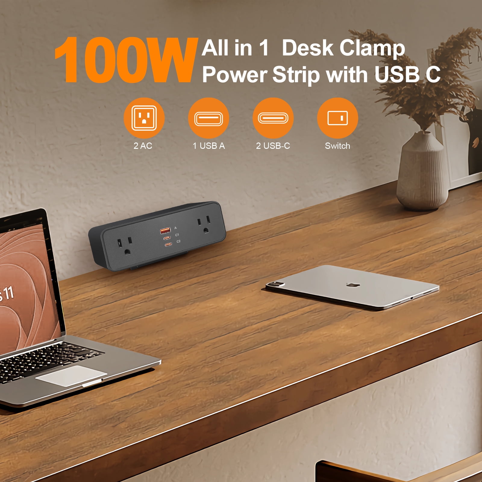 Desk Clamp Power Strip USB C 100W, Desktop Edge Mount Fast Charge Station 3 PD USB Port 2 AC Outlets 6ft Braided Extension Cord Flat Plug Fit Max 3.26’’ Tabletop Edge for Gaming Office Table