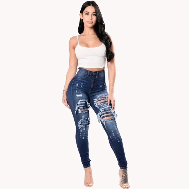 Pantalones vaqueros rasgados de cintura alta para mujer, Vaqueros ajustados con bolsillos negros, elásticos, 2024