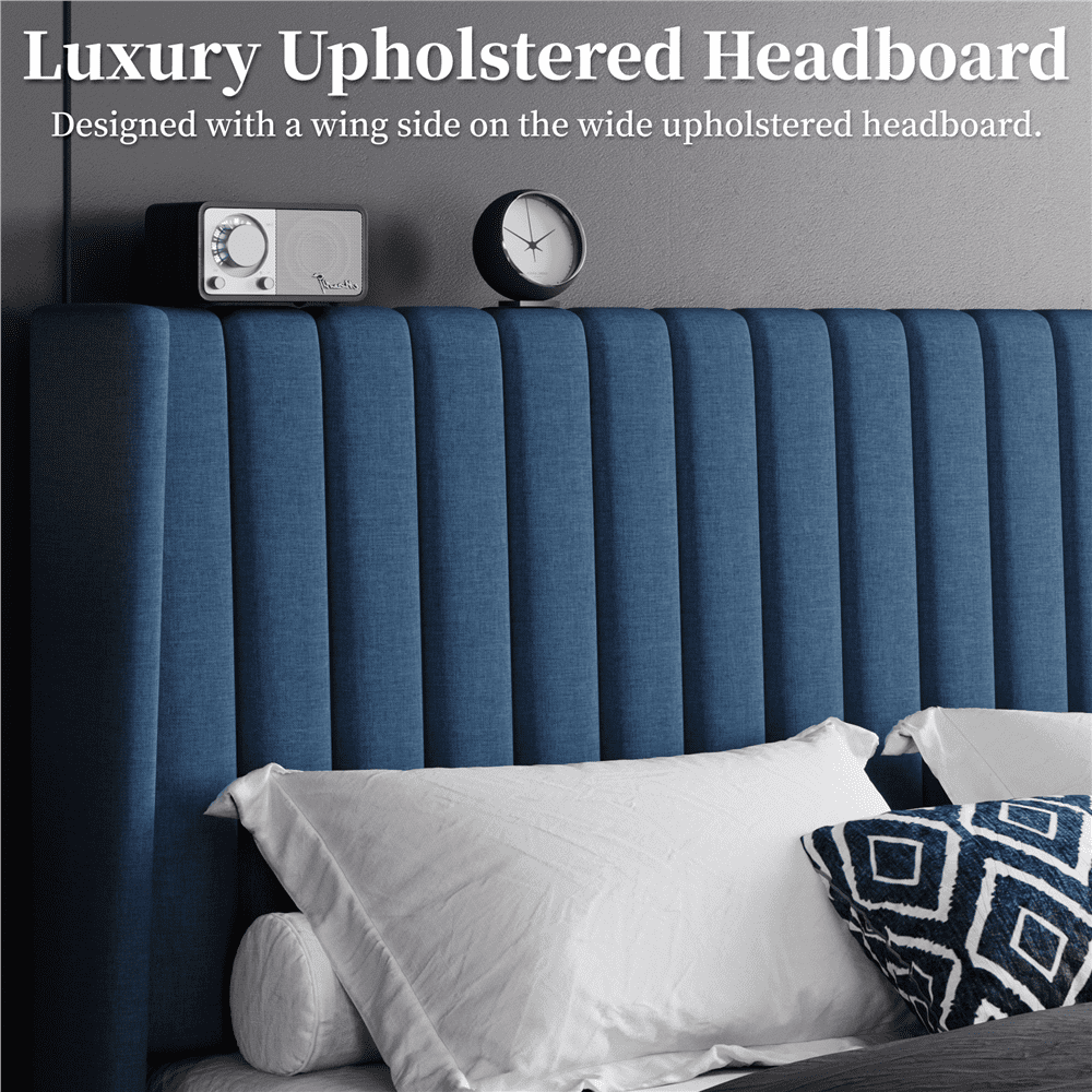 Renwick Queen Upholstered Platform Bed Frame with Channel Tufted Headboard, Navy Blue