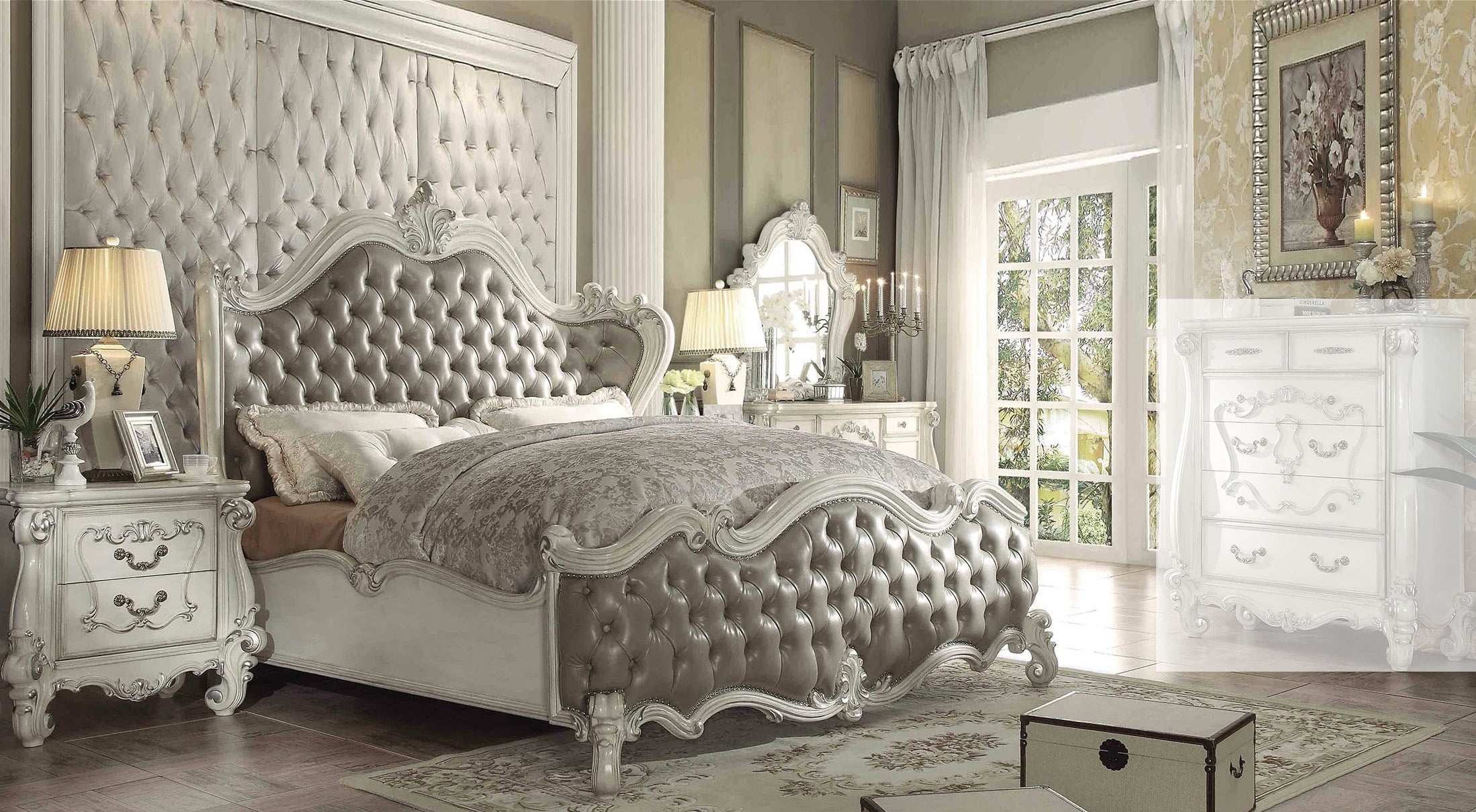 Versailles 4pcs Gray Pu White King Sleigh Bedroom Set ...