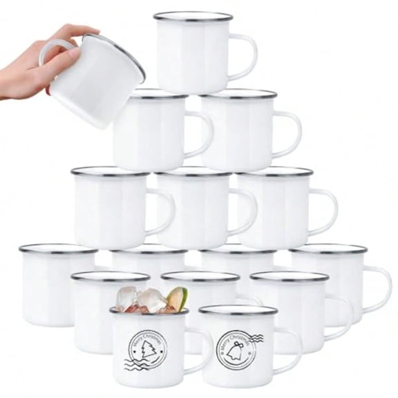 16 Pack Sublimation Blanks Enamel Mug Camping Outdoor Coffee Travel Metal Mug with Sier Rim for Heat Transfer DIY Gift White 12oz