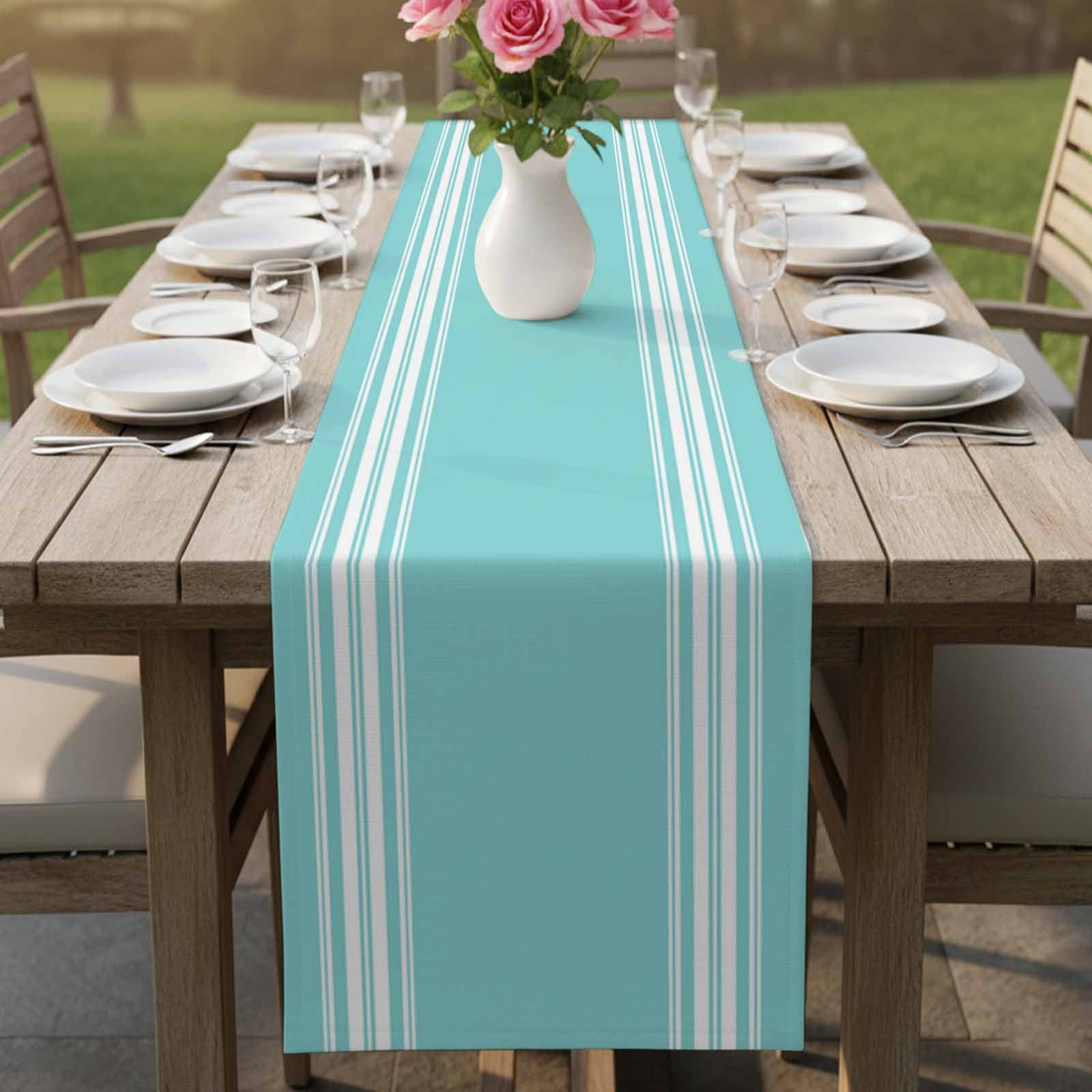 Aqua Striped Table Runner, Luxurious White Stripes Modern Abstract Art Cotton Linen Table Runners 120 Inches Long, Dresser Scarf Runner for Dining/Living Room/Kitchen/Square Tables 13''x120''
