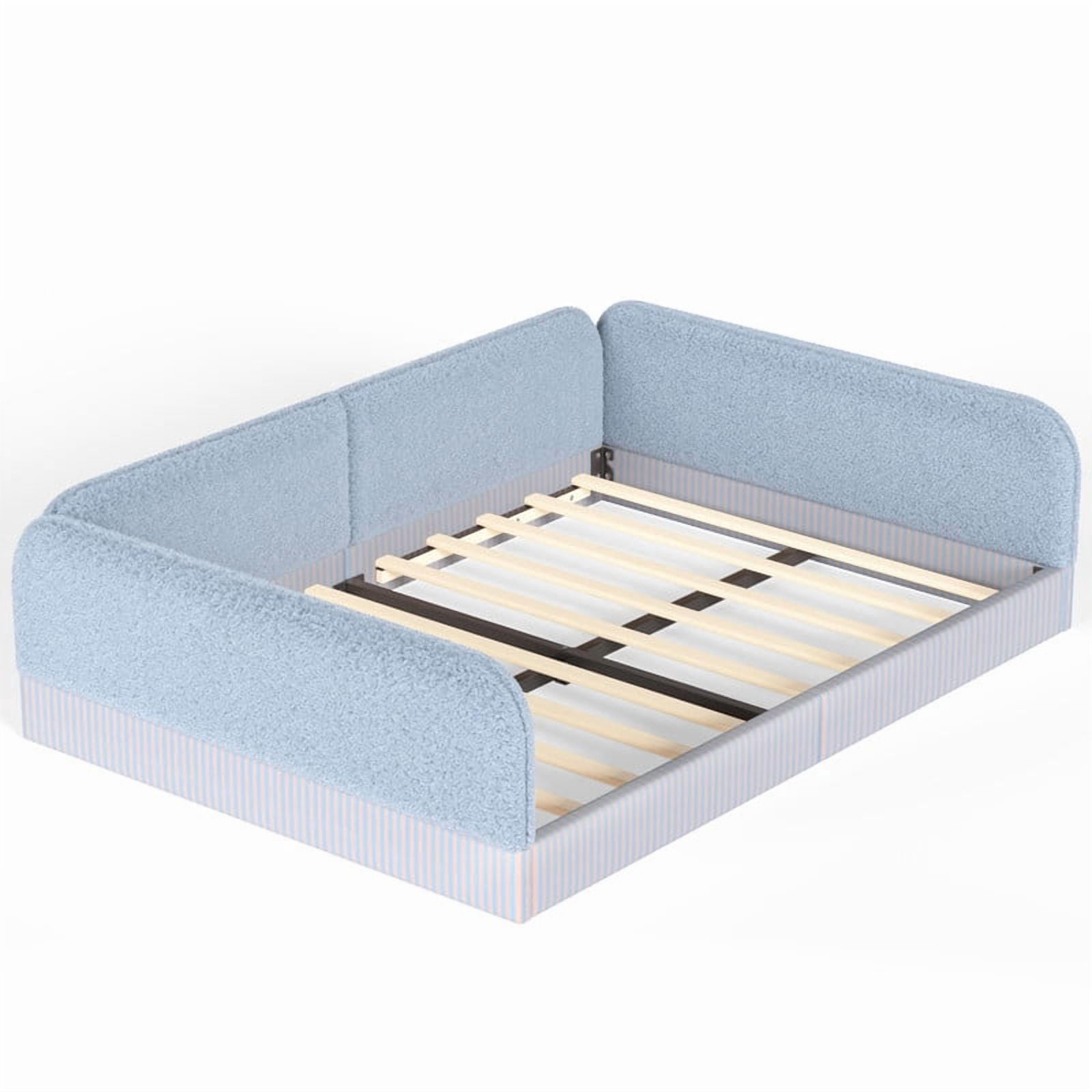 Queen Size Upholstered Floor Daybed Frame for Kids, Half-Enclosed Montessori Platform Bed with 3-Sided Surrounding Guardrails