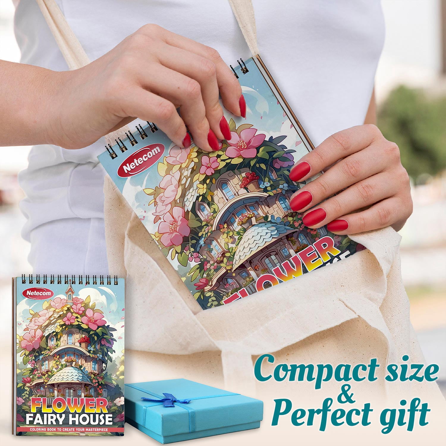 Netecom Flower Fairy House Coloring Book for Adults, A5 Wooden Cover, Spiral Bound Edition, 30 Delightful Coloring Pages of Fairy Garden for Stress Relief and Relaxation