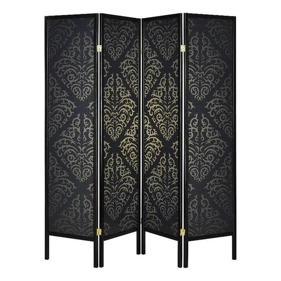 Haidera 4-panel Damask Pattern Folding Screen Black