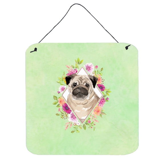 Carolines Treasures CK4378DS66 Fawn Pug Green Flowers Wall or Door Hanging Prints 6x6 multicolor